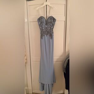 Camille La Vie Blue and Silver Embellished Prom Dress